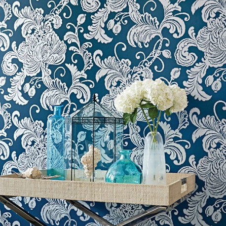 Verey Floral Damask Silver on Navy Blue