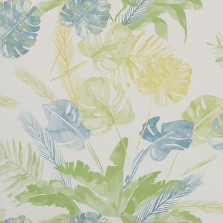 Jungle Watercolour Fresh Green and Blue Floral Wallpaper