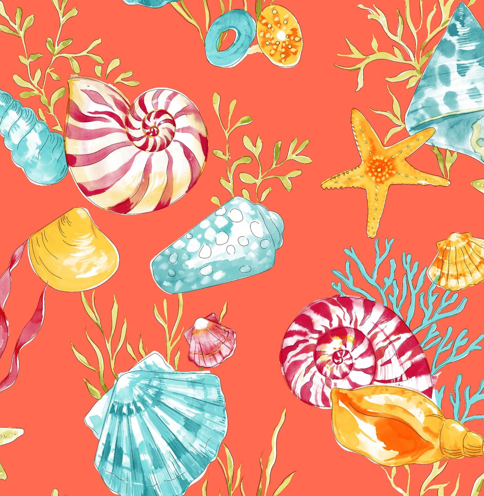 Conchas 33 W-03 Terracotta Orange and Blue Sea Shell Wallpaper Conchas 33 W-03 Terracotta Orange and Blue Sea Shell Wallpaper