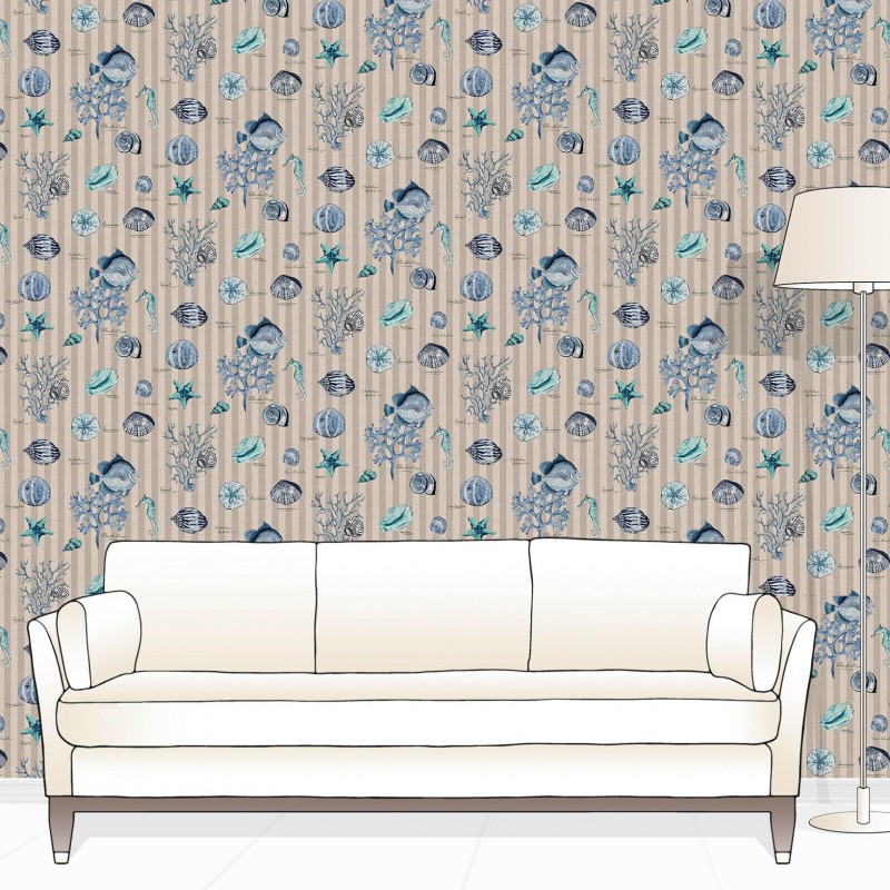Coral Striped Turquoise Blue Wallpaper Corales 626 W03