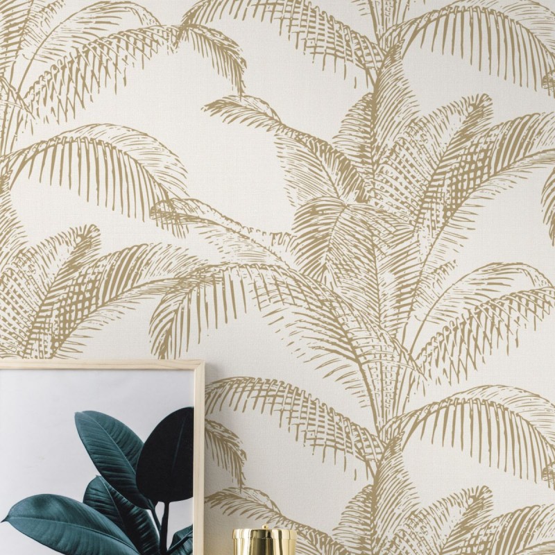 Palm Leaves White Gold Wallpaper