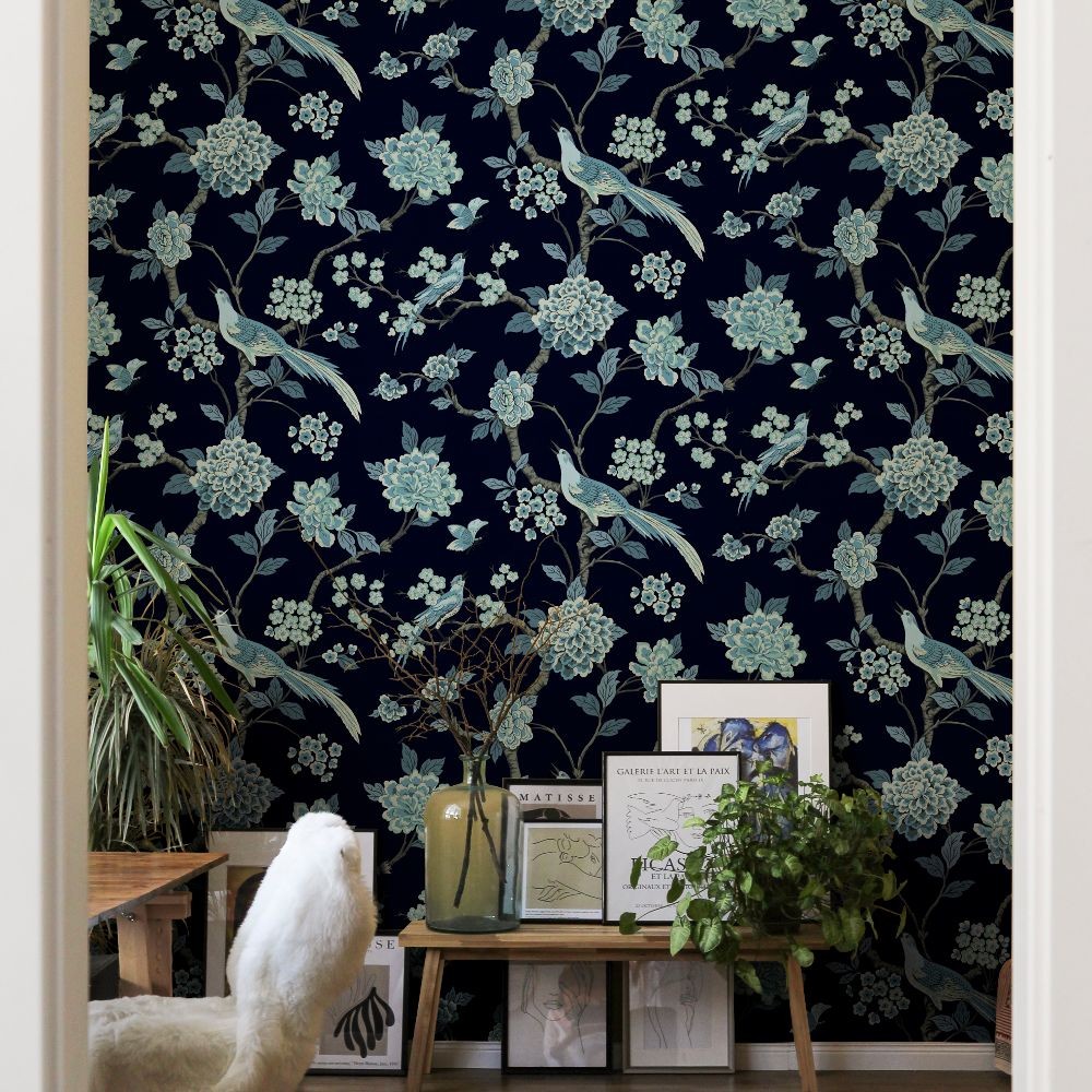 Navy floral wallpaper discount