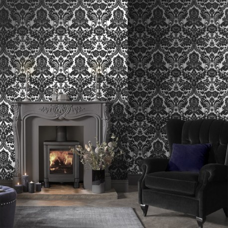 Gothic Damask Flock Black & Silver Wallpaper