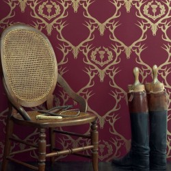 Deer Damask Red Claret & Gold Wallpaper